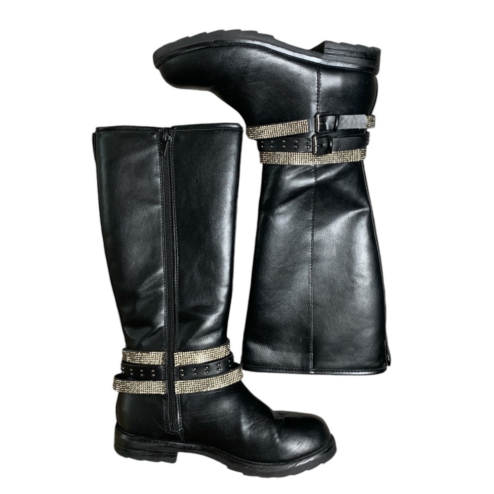 Steve‎ Madden Cappy Black Moto Knee High Rhinestone Boots Girls Size 2 JCAPPY